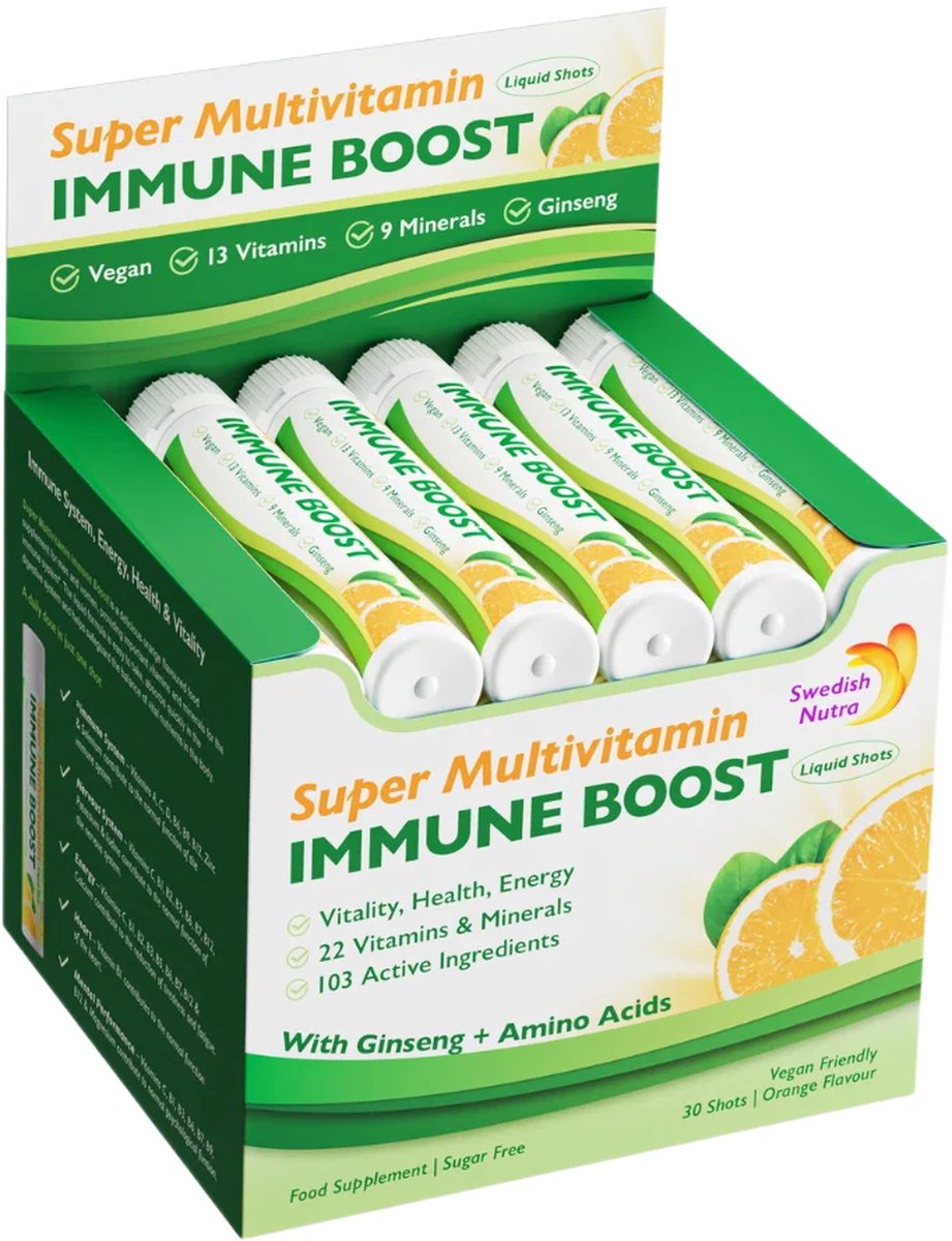 Super Multivitamine Immune Boost Shot-Vermoeidheid verminderen-Immuniteit verhogen-Stress en vermoeidheid bestrijden-Gezonde hartfunctie-Stofwisseling verbeteren-Spierherstel en energie-Hersenfunctie en concentratie-Vegan-Glutenvrij-25 MLx30 stuks