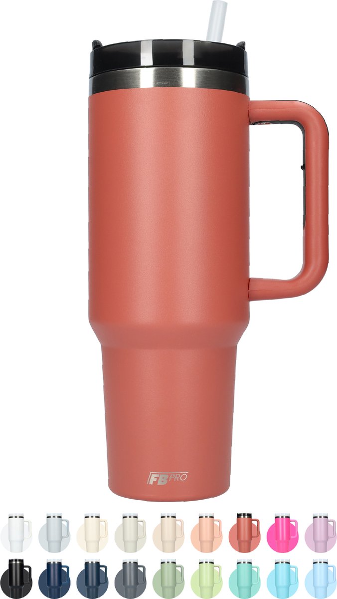 Thermos drinkbeker tumbler 1.2L met handvat en rietje - Vacuüm geïsoleerde drinkfles - Dubbelwandige waterfles - Koffiebeker - Travel mug - Thermosbeker to go - Thermoskan ideaal voor warm en koud weer - 1200 ML - Rood