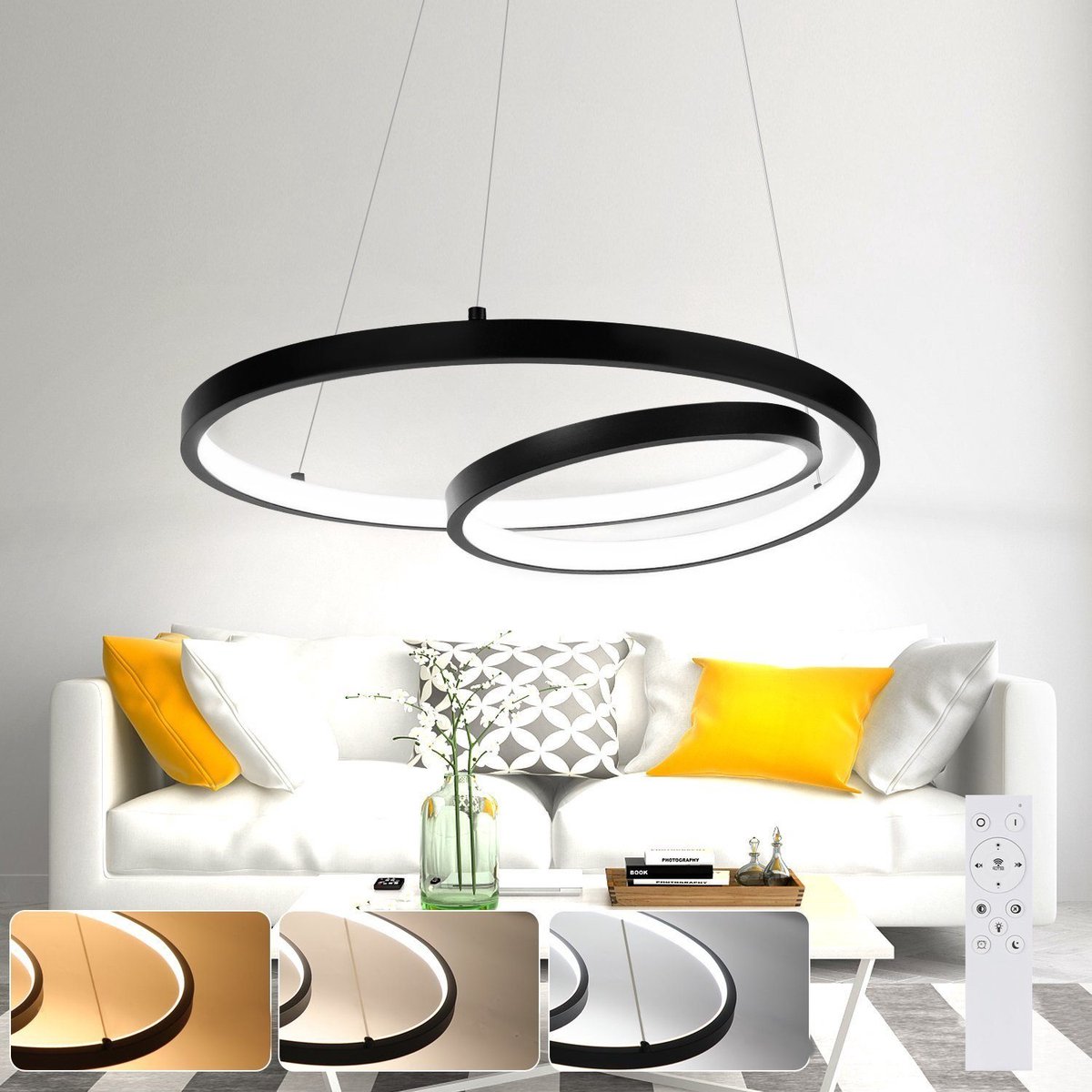 NETTLIFE LED Hanglamp - Moderne - Zwart - 40CM - Dimbare - eetkamerlamp met afstandsbediening - voor woonkamer slaapkamer keuken