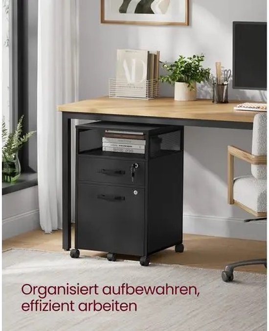 SONGMICS Schubladenschrank, Rollcontainer, mobiler Aktenschrank, Metallschrank, Druckertisch, abschließbar, 3 Schubladen, vormontiert, Büro, Homeoffice, 45 x 39 x 54 cm, tintenschwarz OFC63BK