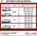 Tabel met autohoezen voor personenauto's, SUV's en bussen met maten en afmetingen.