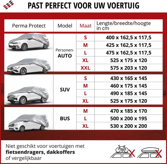 Tabel met autohoezen voor personenauto's, SUV's en bussen met maten en afmetingen.