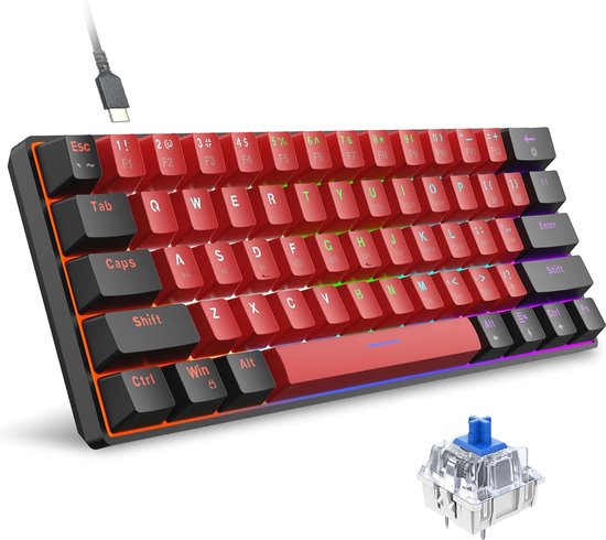 StayPowered Mechanisch Gaming Toetsenbord 60% - Compact en Krachtig voor Elke Gamer - Mechanische Blauwe Switches - RGB Verlichting - Anti-Ghosting - Ergonomisch Ontwerp - Afneembare Type-C Kabel - Wit - Levering Sneller dan Aangegeven!