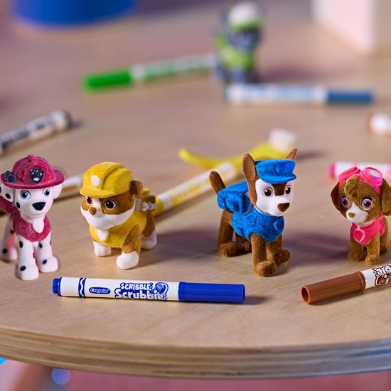 Vier Paw Patrol Washimals: Marshall met helm, Rubble met helm, Chase met pet, Skye met bril.