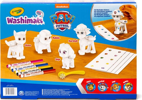 Achterkant Paw Patrol Washimals set met 4 puppy's, stiften, borstel en stickers.