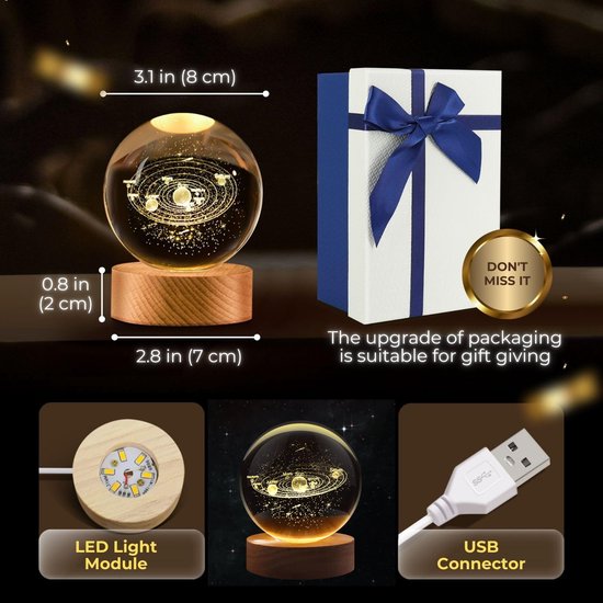 3D Kristallen Bal Zonnenstelsel - Nachtlampje - LED Glas Licht Hologram lamp met Massief Houten Basis - Nachtlamp - Cadeau idee - Verlichting - USB aansluiting - Woondecoratie van Mokes. — afbeelding 3