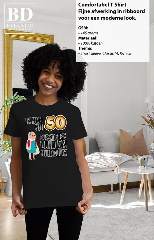 T-shirt cadeau Bellatio Decorations pour femme - 50 ans - noir - fort et clair - Sarah - fête d'anniversaire XS