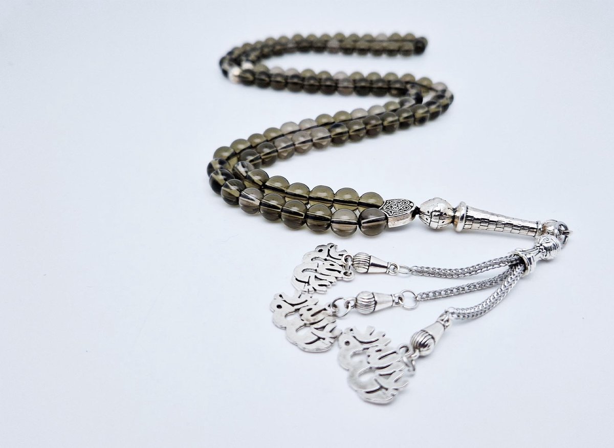 Handgemaakte tesbih "Tasbih" natuursteen " Rookkwarts" - Aantal kralen 99 - Diameter kralen 8MM - met metaal tassel "La alih ala allah" - Een mooi cadeau-idee