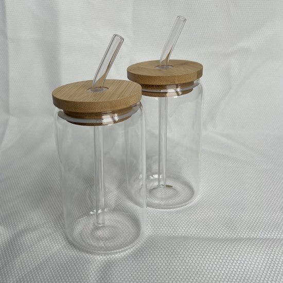 Glazen bekers met rietje (2 stuks) - 400 ML - drinkbeker herbruikbaar - glas bamboe beker - duurzaam van Homezy — afbeelding 5