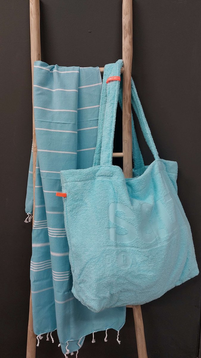 Badstof strandtas mint - XXL tas 50x65 cm.- terry shopper -hengels - afsluitbaar binnenzakje - 100% katoen/badstof