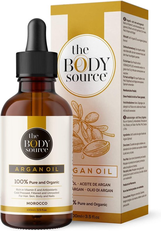 The Body Source – 100% Pure Biologische Arganolie 100ml – Koudgeperst, Ethisch Verkregen & Verpakt in Marokko – Ideaal voor Gezond Haar, Huid en Nagels