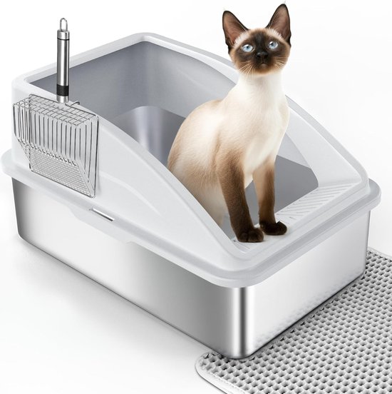 Cat Litter Box Stainless Steel XXL Litter Box 28 Litres Large with Cat Litter Scoop and Double Layer Mat, Leak-proof XXL Liter Box