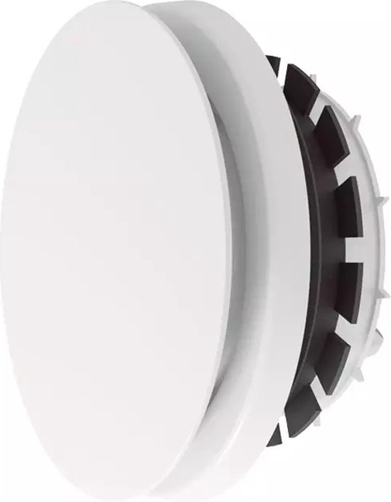 Schuin zijaanzicht van het witte Zehnder Comfovalve ventilatieventiel met zwarte details.