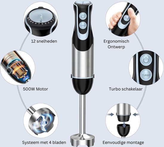 VELTRR® Staafmixer - Hakmolen - Keukenmachine - Zilver met Zwart van Merkloos — afbeelding 3