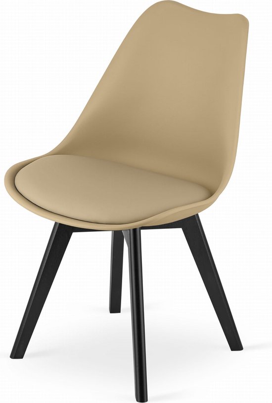Stoel MARK - Donkerbeige, Zwarte Beukenhouten Poten, Kunststof Zitting met Kunstlederen Kussen, Strak Design, Ergonomisch, Geschikt voor Keuken, Eetkamer, Kantine en Werkruimte, Max. 120 kg