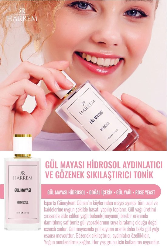 Vrouw lacht met een flesje Harrem Gül Mayasi in haar hand, met de fles en de producttitel.