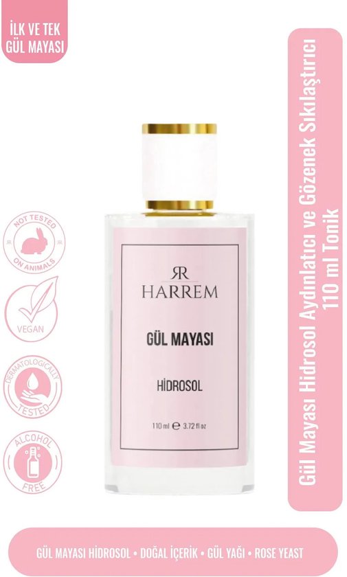 Flesje Harrem Gül Mayasi met labels die de voordelen en inhoud aangeven.
