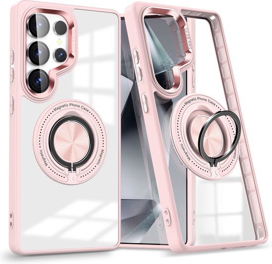 Coque de téléphone rose transparent avec support anneau or rose et fonction magnétique.