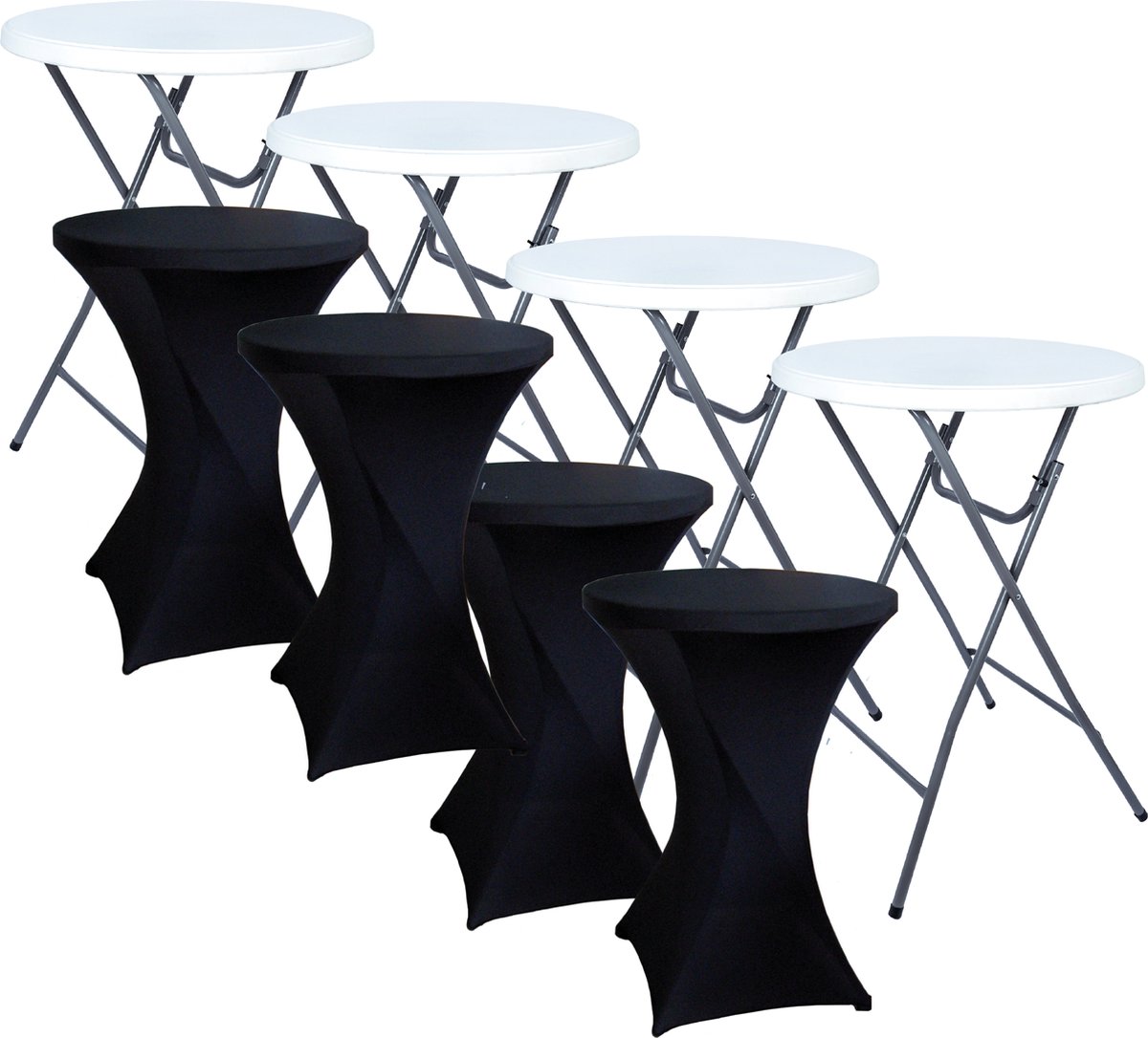 Brasq Statafel Wit/Grijs – Ø80 cm – Set van 4 – Staantafel – Partytafel – Bartafel – Inclusief 4x Zwarte Statafelrok – Vouwtafel – Inklapbaar – Voor Binnen en Buiten – Kunststof en Metaal 4 Statafels Wit/ Grijs + 4 Zwarte Statafelrokken