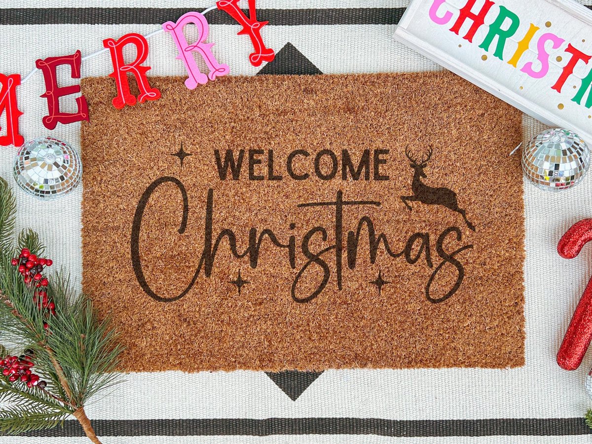 Laser-Point Welcome Christmas | 90x60 cm | Nieuwe huis cadeau | Ingangsmat | Deurmat met stijl | Verhuizing cadeau | Praktisch & trendy | Perfect voor binnenkomst | Cadeau voor nieuwe woning bruin | zwart (gravering 90x60)