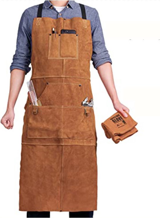 Tablier en cuir - Tablier de soudage en cuir avec 6 poches à outils, ignifuge et résistant à la chaleur, convenablement équipé de bretelles d'épaule réglables.