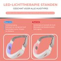 Wit kaaklijnapparaat met grijze band, toont blauwe LED voor huidverjonging en rode LED voor versteviging, geschikt voor alle huidtypes.