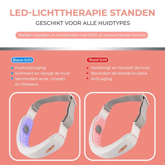 Wit kaaklijnapparaat met grijze band, toont blauwe LED voor huidverjonging en rode LED voor versteviging, geschikt voor alle huidtypes.
