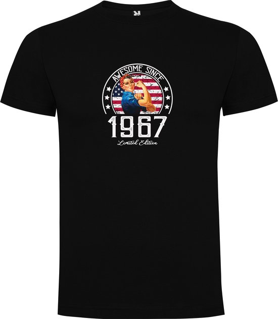 Zwart T-Shirt met “Kleurrijke Awesome Since 1967 Limited Edition – Leeftijd – Verjaardag – Humor“ Print Full Color Maat L