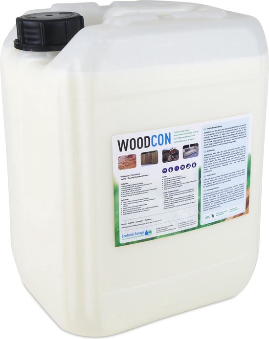 Witte jerrycan met WOODCON nano coating voor hout, met etiket in meerdere talen.
