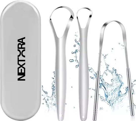 Nextora - Professionele Tongschraper - 3 in 1 set - voor Mondverzorging - Tong Schraper - Tongue Scraper - Tongreiniger - Metalen Tongschraper - Mondhygiëne - RVS