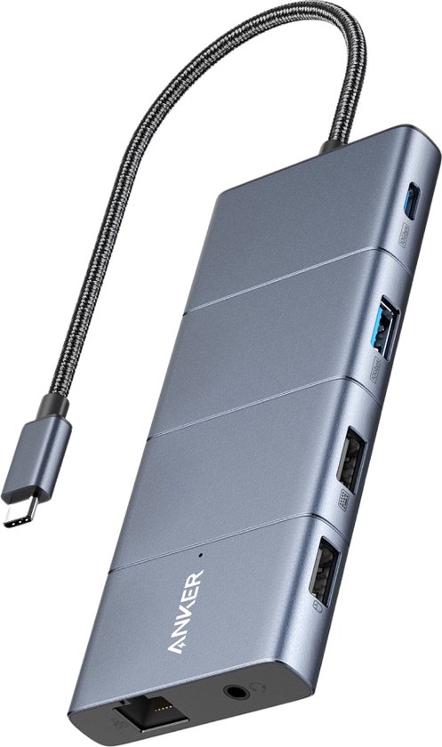 Grijze Anker USB-C hub met een flexibele USB-C kabel, verschillende poorten en een ethernet aansluiting.