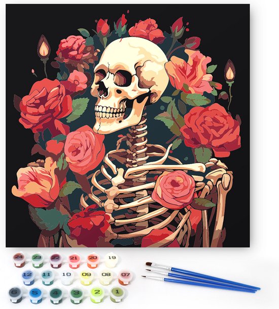 Voltooid schilderij op nummer met een skelet omringd door rode rozen, met verfpotjes en kwasten.