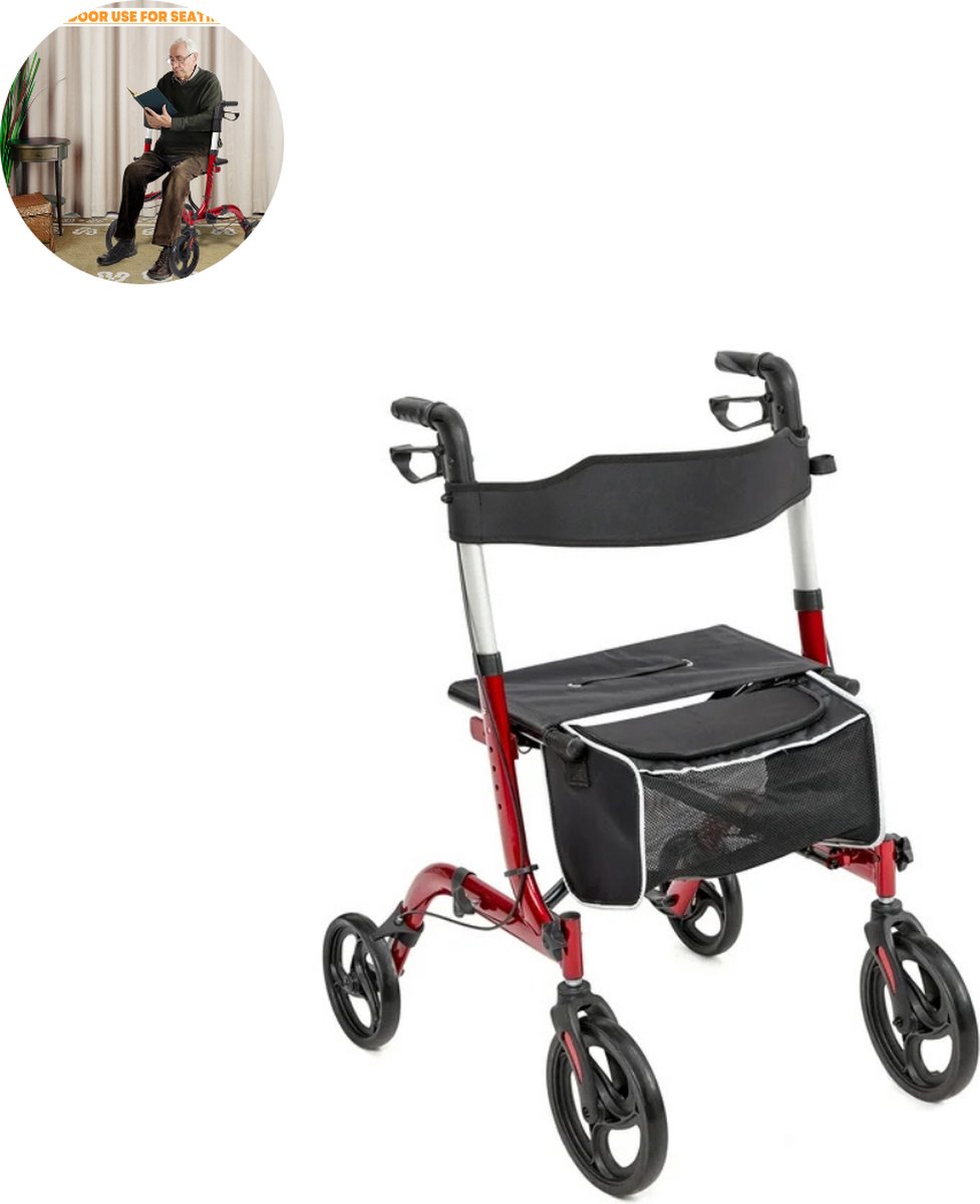 Rollator lichtgewicht en opvouwbaar - Zitfunctie - voor binnen en buiten - Rugleuning en wandelstok houder - 6-Voudig en Hoogte - Rood