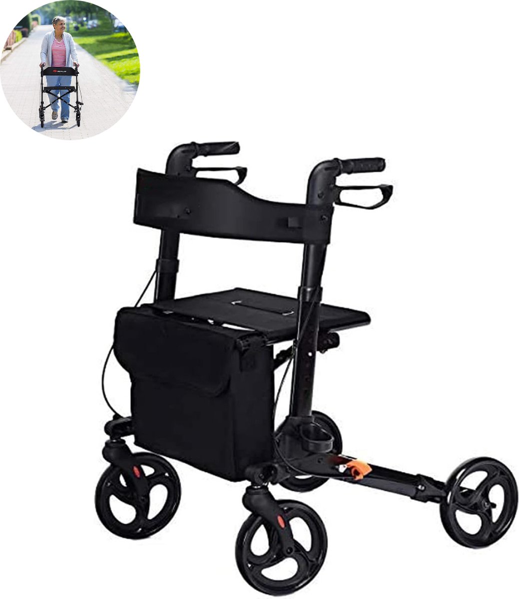 Rollator lichtgewicht en opvouwbaar - Zitfunctie - Voor binnen en buiten - Rugleuning en wandelstok houder - Zwart