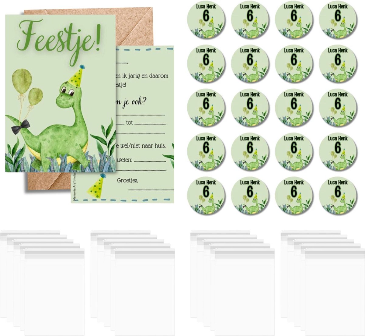 Dino Traktatie Uitdeelset - Compleet Feestpakket met Uitnodigingen, Gepersonaliseerde Stickers en Transparante Zakjes