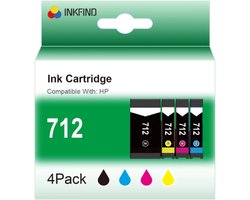 INKFIND 712XL Inktcartridge geschikt voor HP712 HP 712 HP712X HP 712X - Multipack 4 stuks (1 x Zwart, 1 x Cyaan, 1 x Magenta, 1 x Geel) - Hoge Capaciteit voor printers HP DesignJet T210 T230 T250 T630 T650 HP DesignJet Studio