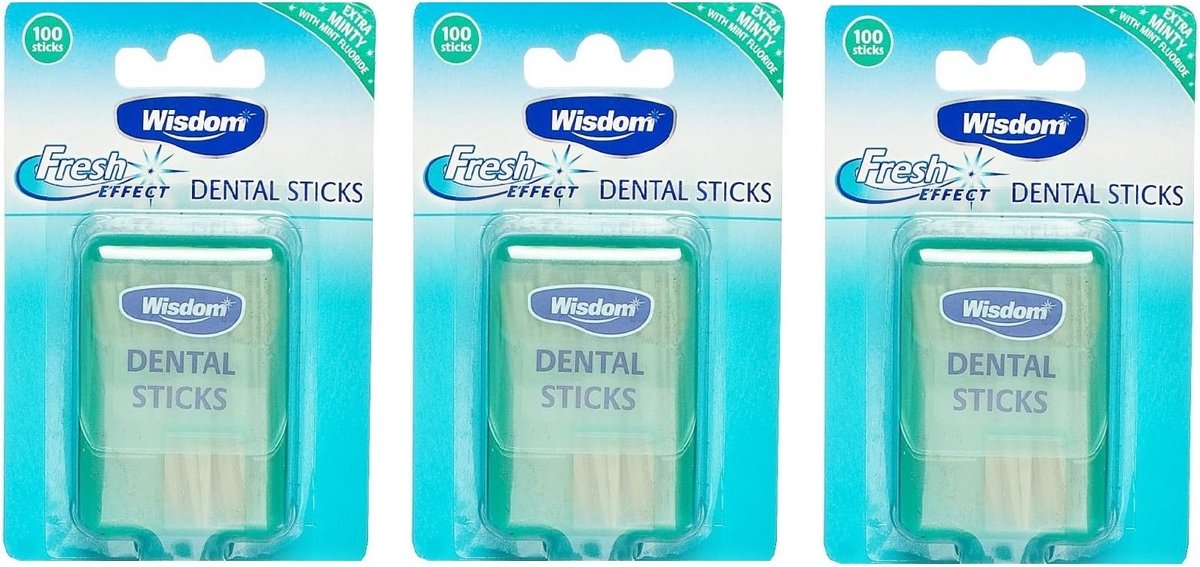 Wisdom Dental Sticks - 100 Tandenstokers met Verfrissende Mintsmaak - Houten Stokers voor Effectieve Tandplakverwijdering en Mondhygiëne - Handige en Duurzame Tandenstokers voor Dagelijks Gebruik - Voordeelverpakking 3 pack