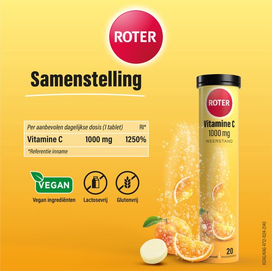 Roter Vitamine C 1000mg bruis - Hoge dosering vitamine C ter ondersteuning van je natuurlijke weerstand - 40 bruistabletten met abrikoos-sinaasappelsmaak