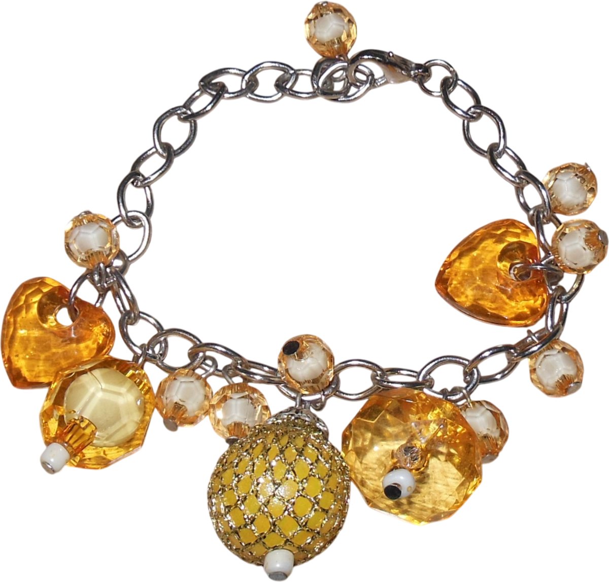 Armband metaal met transparant oranje bolletjes+hartjes