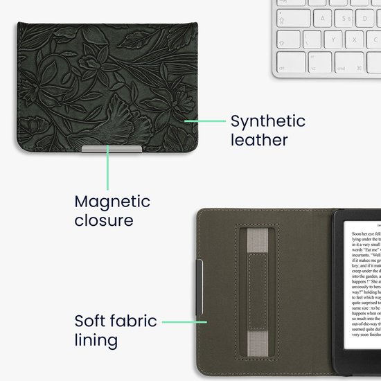 kwmobile e-reader hoesje geschikt voor Kobo Clara BW / Colour hoes - E reader flip case met magneetsluiting - Ereader cover - Bloemen in reliëf design in groen van Merkloos — afbeelding 5