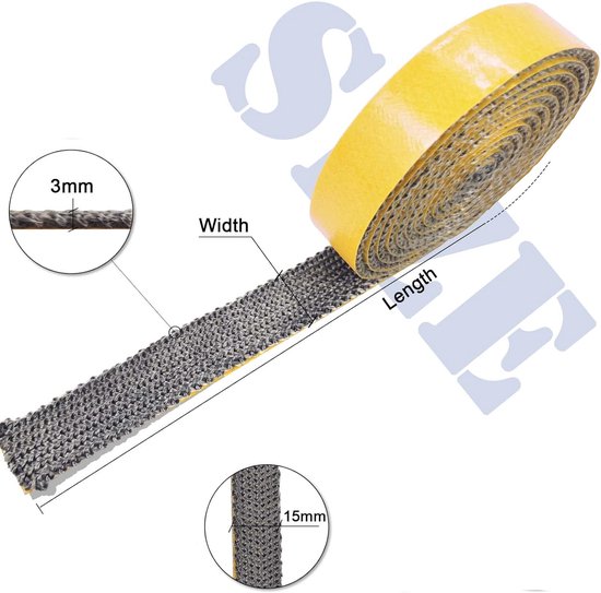 Afgerolde kachelband met gele zelfklevende zijde. Close-ups tonen 3mm dikte en 15mm breedte.