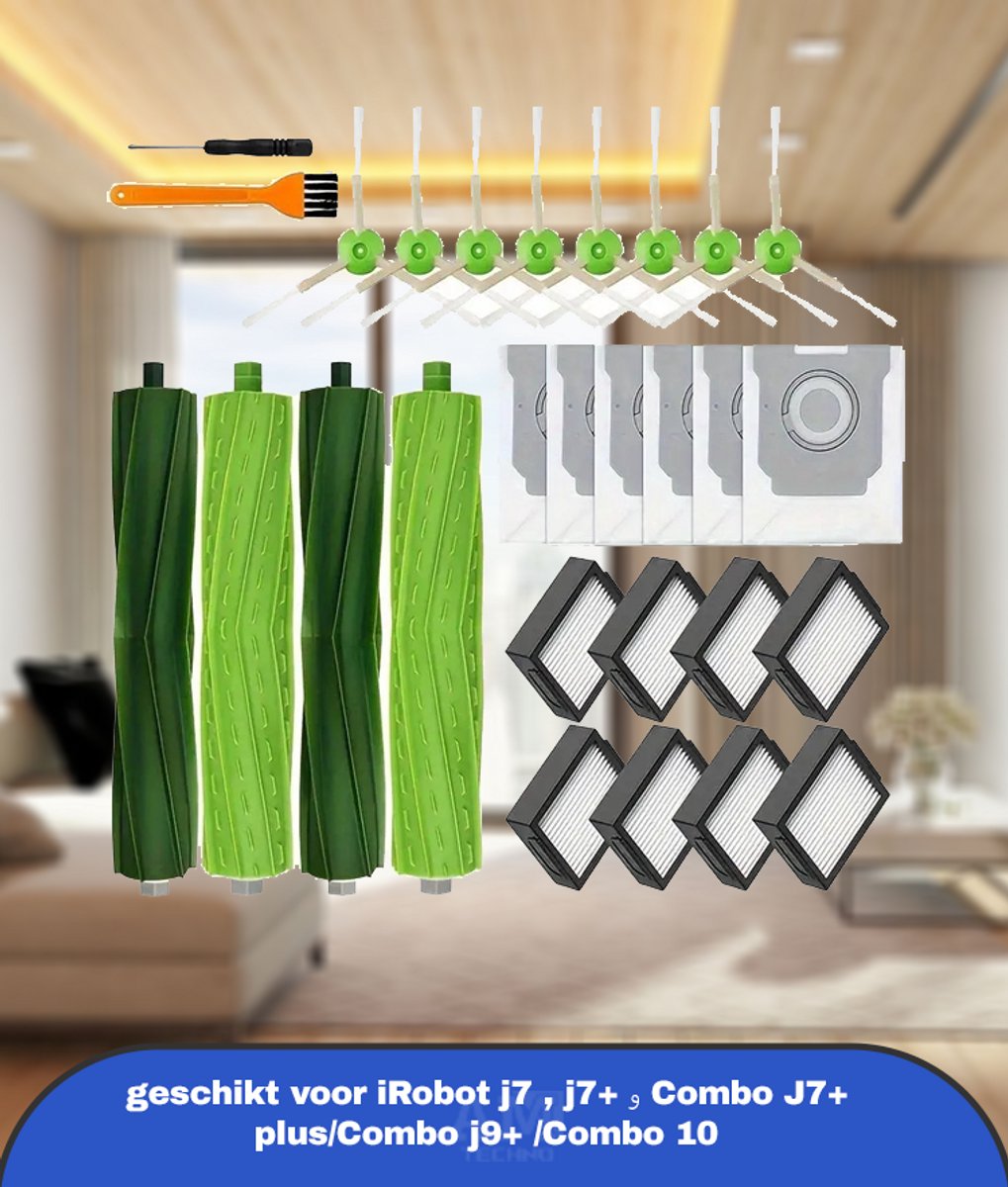 stofzuiger accessoireset XXXL geschikt voor iRobot j7 , j7+ , Combo J7+ plus/Combo j9+ /Combo 10 borstelaccessoires geschikt voor iRobot Roomba, 2 sets rubberen borstels,8 filters, 8 zijborstels, 6 Stofzuigerzakken