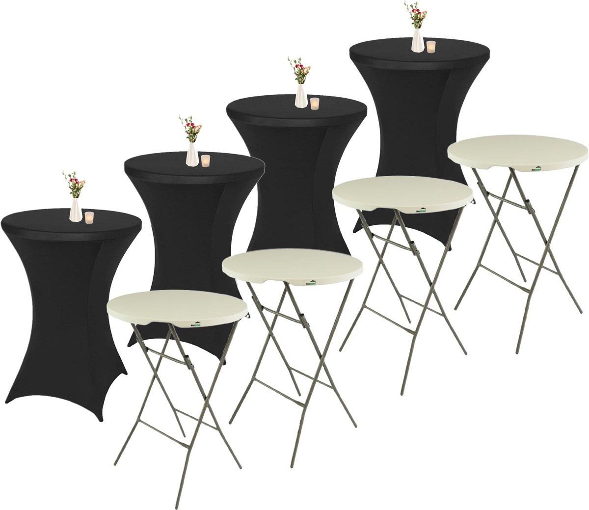 MaxxGarden Statafel - 4 stuks + cover - Cocktailtafel - Receptie Klaptafel - Receptietafel - Incl. 4x zwarte Statafelrok - ø80 x 115cm - Wit