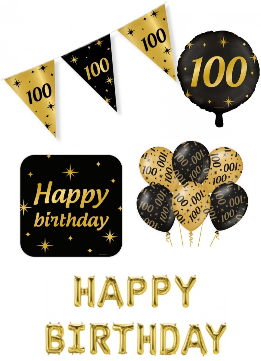 100 jaar Classy Party decoration pakket – luxe glamour goud zwart ballonnen – folieballonnen – vlaggenlijn
