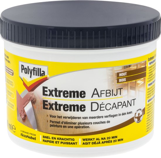 Polyfilla Extreme Afbijt pot met zwarte deksel. De pot is geel met rode en witte tekst. Op de pot staat dat het extreem afbijt is voor hout.