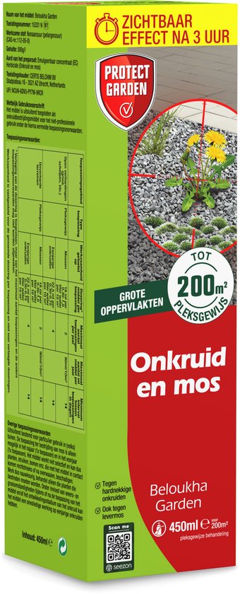 Verpakking van Beloukha Garden onkruid- en mosverdelger met detailfoto van behandelde bestrating.
