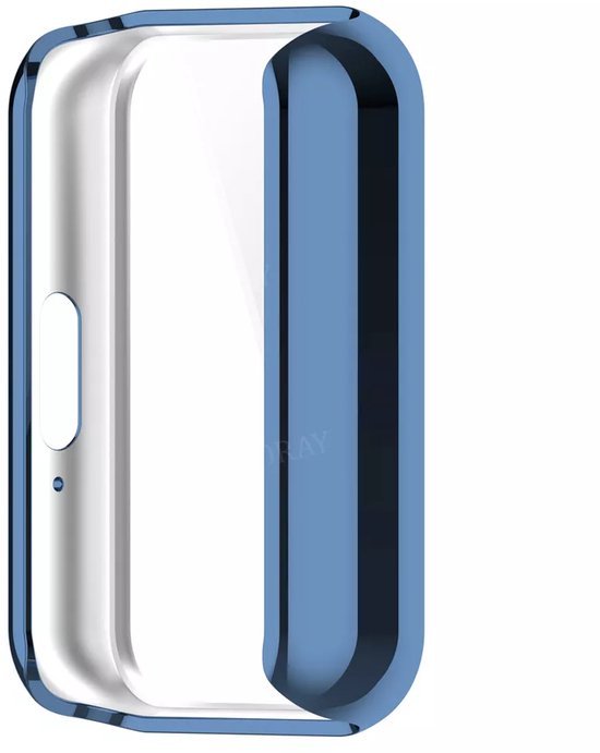 Blauw TPU hoesje voor een smartwatch, met een uitsparing voor een knop.