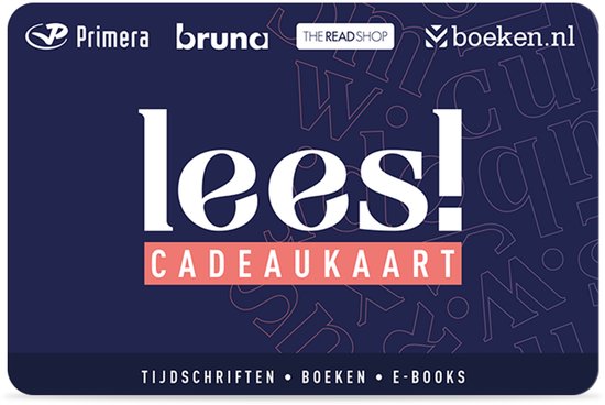 Donkerblauwe cadeaukaart met 'lees! CADEAUKAART' in witte en rode letters. Met logo's Primera, Bruna, The Read Shop, boeken.nl. Op de achtergrond letters.