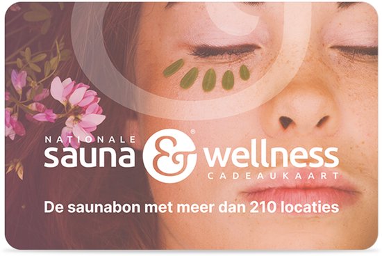 Nationale Sauna & Wellness cadeaukaart met een close-up van een vrouwengezicht met groene bladeren op de oogleden.