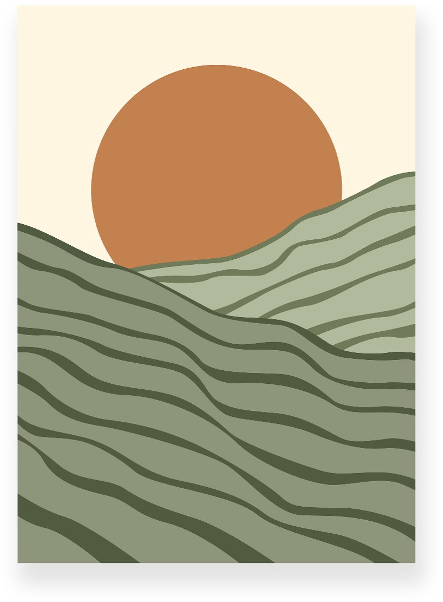 Yisual Poster 50x70 cm - Zonsondergang - Gelaagde Heuvels - Bruin - Groen - Minimalistisch - Landschap - Muurdecoratie - Wanddecoratie